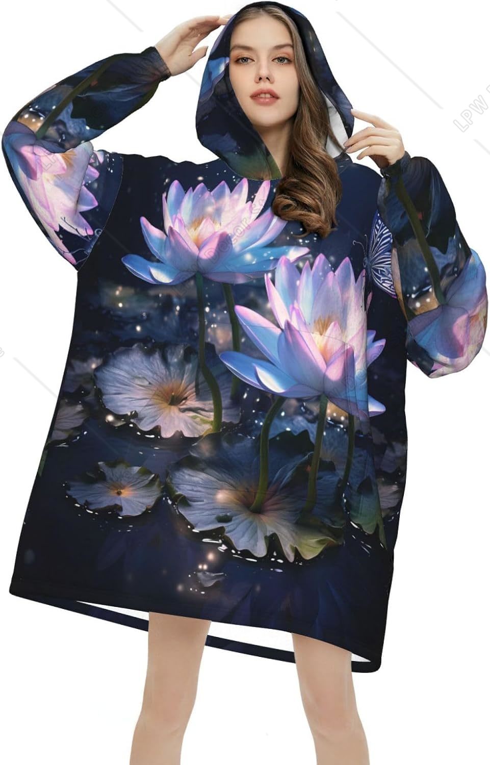 Sherpa Hoodie Fleece - Fantasy Waterlily Wearable Blanket Hoodie Lotus