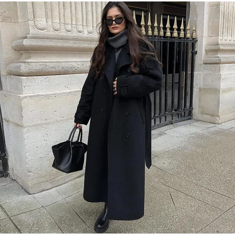 Elegant Grey Belt Long Faux Wo - Wool Coat Peacoat recension och pris