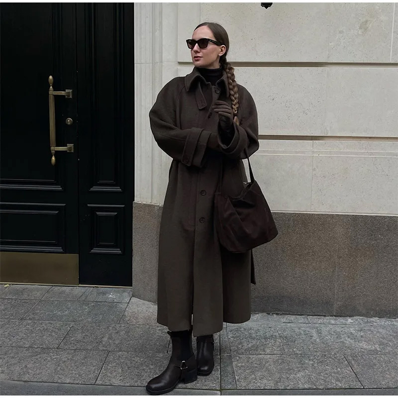 Elegant Grey Belt Long Faux Wo - Wool Coat Peacoat recension och pris