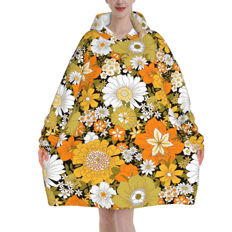 Hippie Flower Floral Retro Bla - Sherpa Hoodie Fleece recension och pris